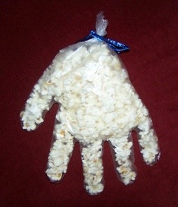 glove filled with popcorn