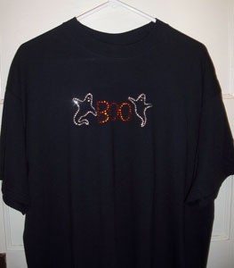 Black shirt with Halloween transfer.