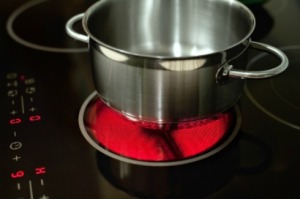 A pot on a ceramic stovetop.