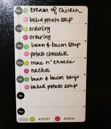 A chart of options to take to school for lunch, on a refrigerator.