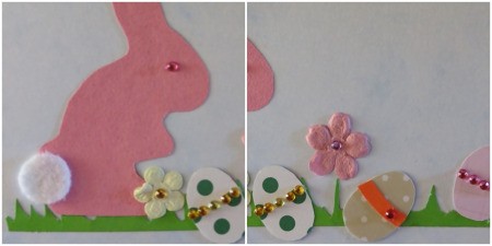 Two photos showing additon of decorations to eggs and bunny eye.