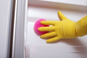 Cleaning the inside of a refrigerator.