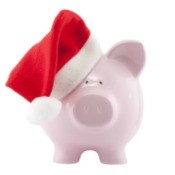 A piggy bank wearing a stocking.
