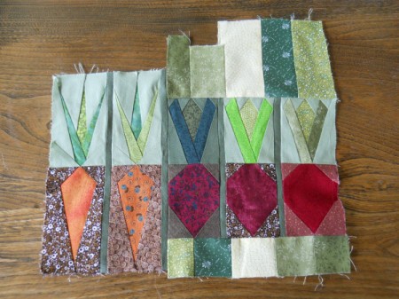 Piecing carrot and beet blocks.