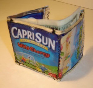 A wallet made from Capri Sun pouches.