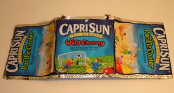 A wallet made from Capri Sun pouches.