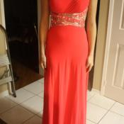 Salmon colored prom dress.