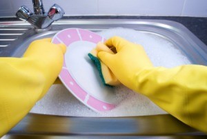 Washing dishes in well water.