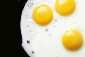 Eggs cooking on an electric griddle.