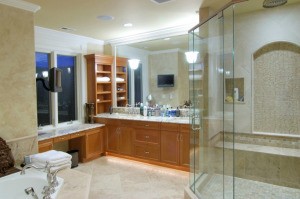 Nice bathroom with a glass shower door.