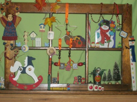 Window decorated for Christmas.