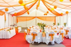 A nicely decorated wedding reception.