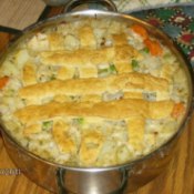 A homemade pot pie on a table.