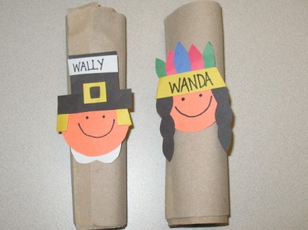 Thanksgiving kids project with Pilgrim and native American faces for napkin rings.