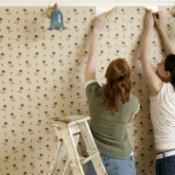 Two women removing wallpaper.