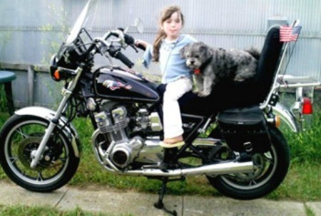Yoda (Shih Tzu) - Young girl and dog sitting on a motorcycle.
