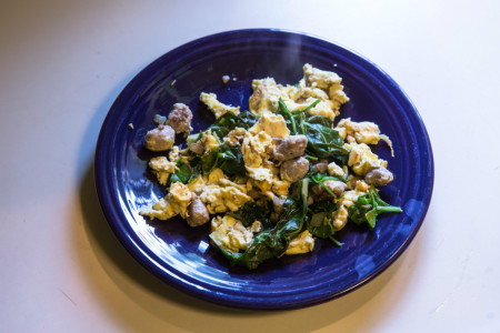 Slow-Carb Scrambled Eggs, Greens and Sausage