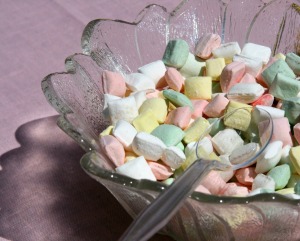 Wedding mints in a serving dish at a wedding reception.
