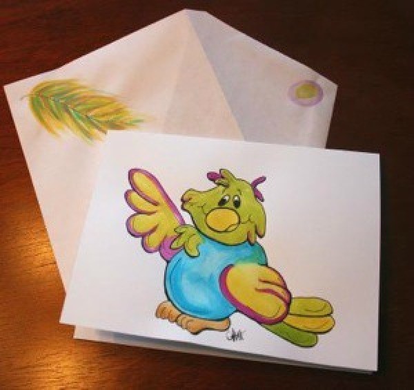 Cute bird notecard with feather on envelope..