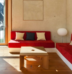 Small living room with two red sofas and a wood coffee table.