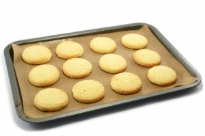 Shortbread cookies on a cookie sheet.