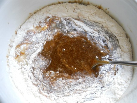 Stirring in dry ingredients.