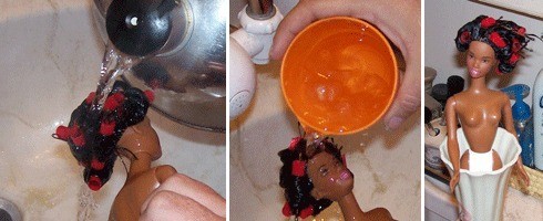 Wetting rolled hair and drying with doll in vase..