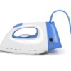 Blue and white clothes iron.