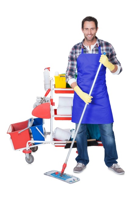 A professional cleaner with his cleaning supplies.