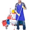 A professional cleaner with his cleaning supplies.