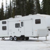 Travel trailer in the snow.