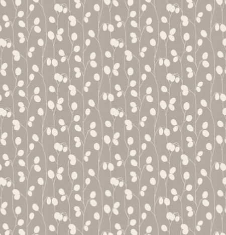 Taupe wallpaper with white berries on vines.