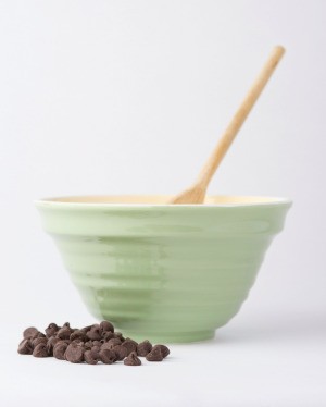 Mixing bowl with chocolate chips.