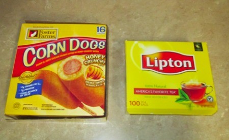 Corn dog and Lipton tea boxes.