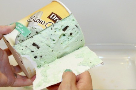 Mint Chocolate Chip Ice Cream Cake - cut open ice cream container