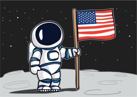 Drawing of an astronaut on the moon holding a flag.
