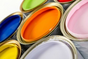 Cans of different colored paint.