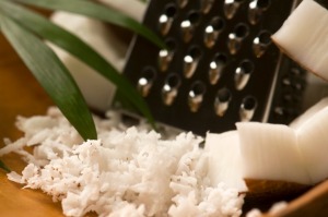 A photo of shredded coconut, one of the ingredients in coconut bars.