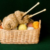 A basket full of knitting supplies.