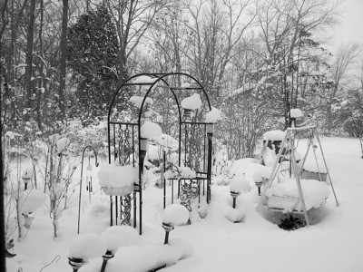 Snowy garden trellis and path lights.