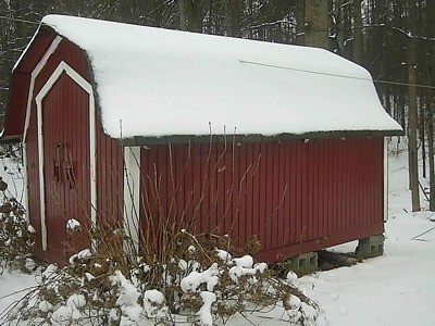 Snow covered shed.