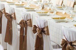 Brown bows on the backs of wedding chairs.