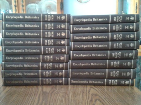 Stack of Encyclopedia Britannica Books of the Year.
