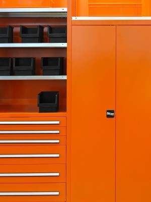 Bright orange painted metal cabinets.