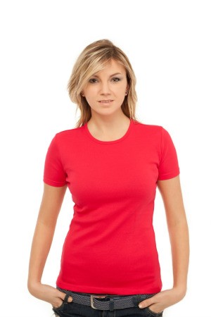 A girl wearing a red shirt.