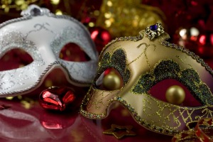 Masquerade masks at   a masquerade ball.