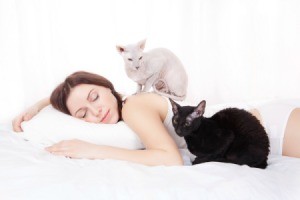 A cat sleeping on top of a woman.