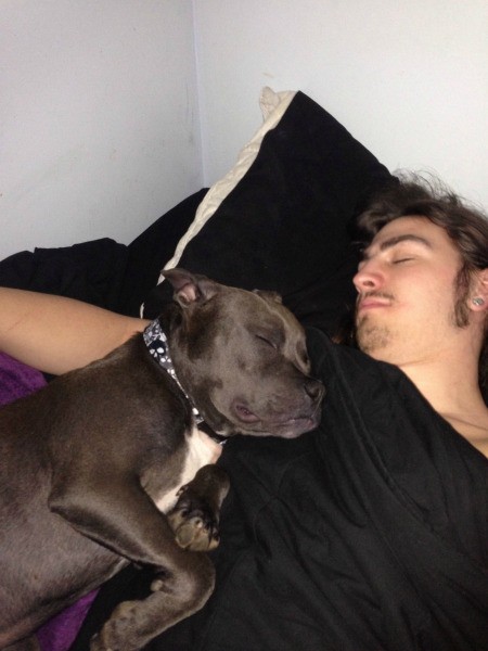 Young man and dog napping.
