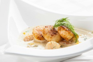 Scallop bisque with seared scallops.