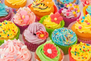 Colorful cupcakes at a cupcake themed birthday party.
